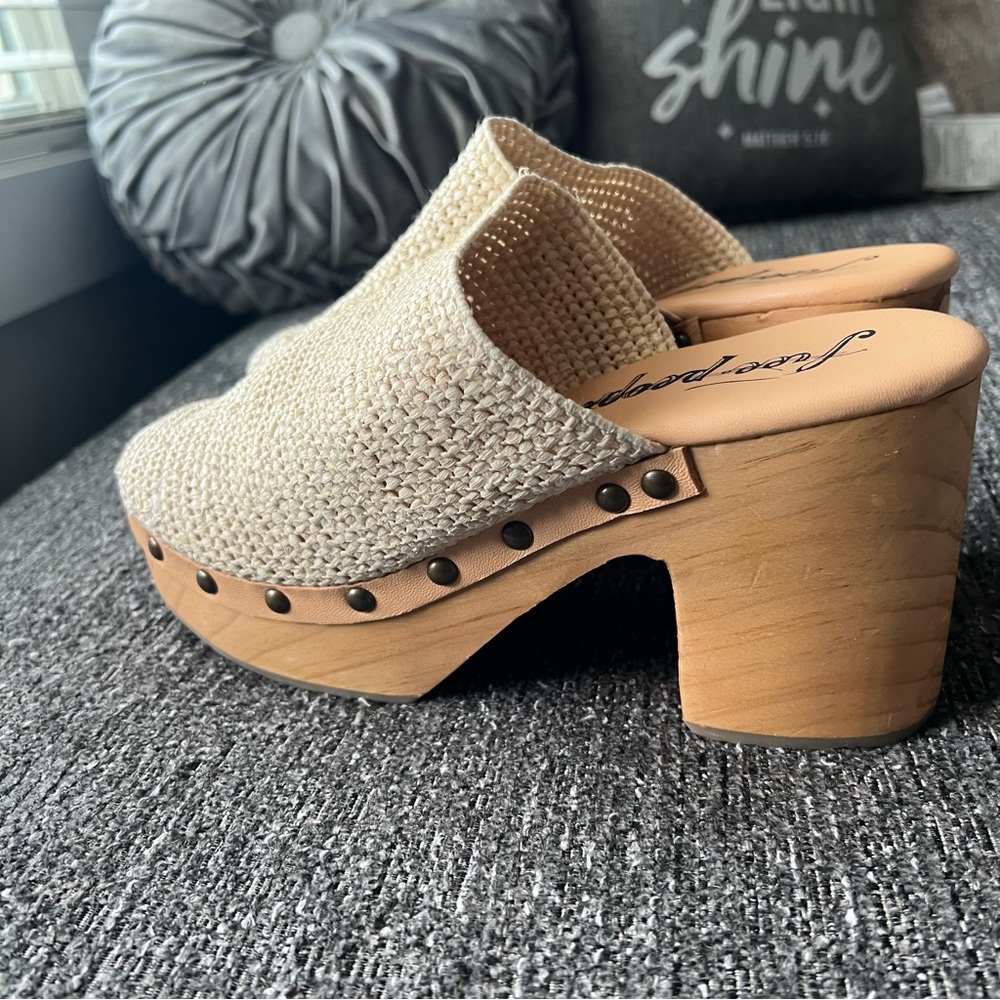 Free People Cream Tan Clog Mules with Wooden Soles - Picture 2 of 9